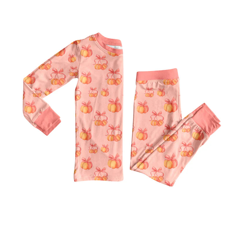 7.12Preorder (moq 5)Baby Girls Long Sleeves Bows Pumpkins Plaid Top Pants Pajamas Set