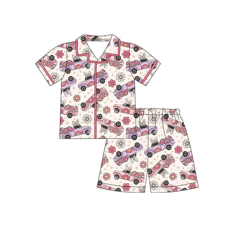 X12.17 Preorder (moq 5)Baby Girls Eggs Rabbits Trucks Button Top Shorts Easter Pajamas Sets