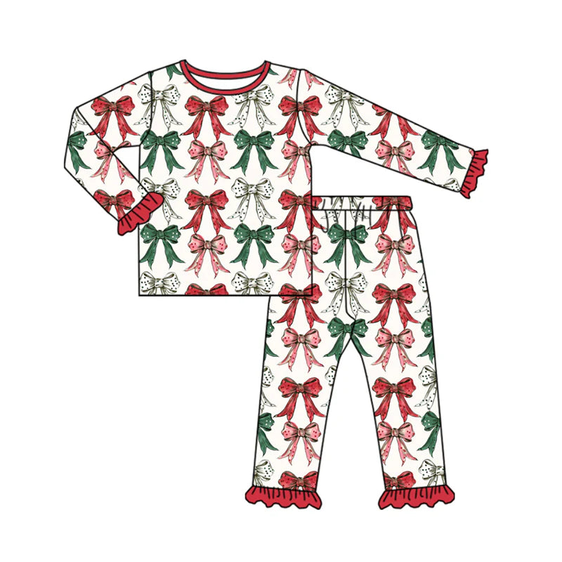 7.30Preorder(moq 5) Baby Girls Long Ruffle Sleeves Green Red Bows Plaid Top Pants Pajamas Set