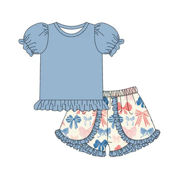 5.8 Blue Girls Summer Short Sleeve Bow Suit