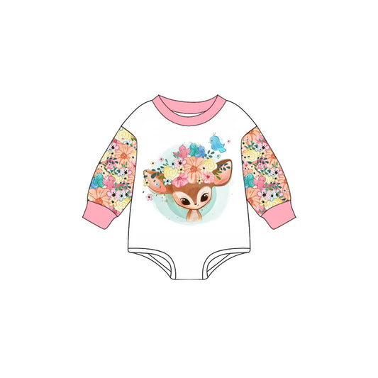 7.16Preorder (moq 5)Baby Girls Pink Long Sleeves Flowers Deer Birds Romper