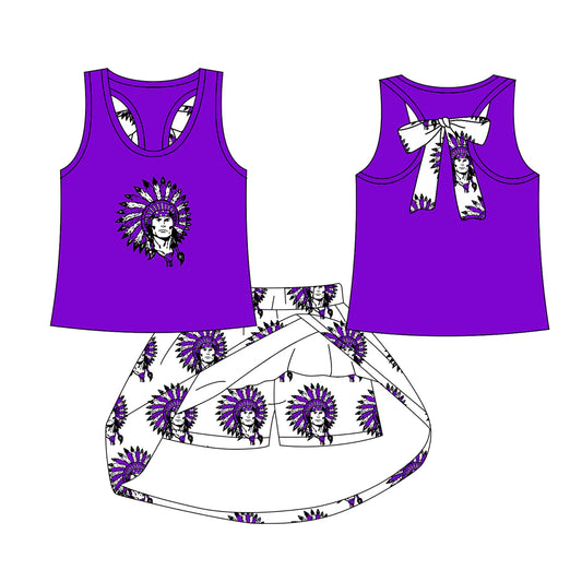 7.29Preorder (moq 5)Baby Girls Purple Indians bow vest team Top Skirt Skort Sets