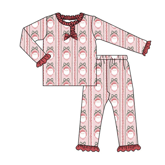 X904Preorder (moq 5)Baby Girls Red Santa Bows Stripe Ruffle Pants Christmas Pajamas Sets