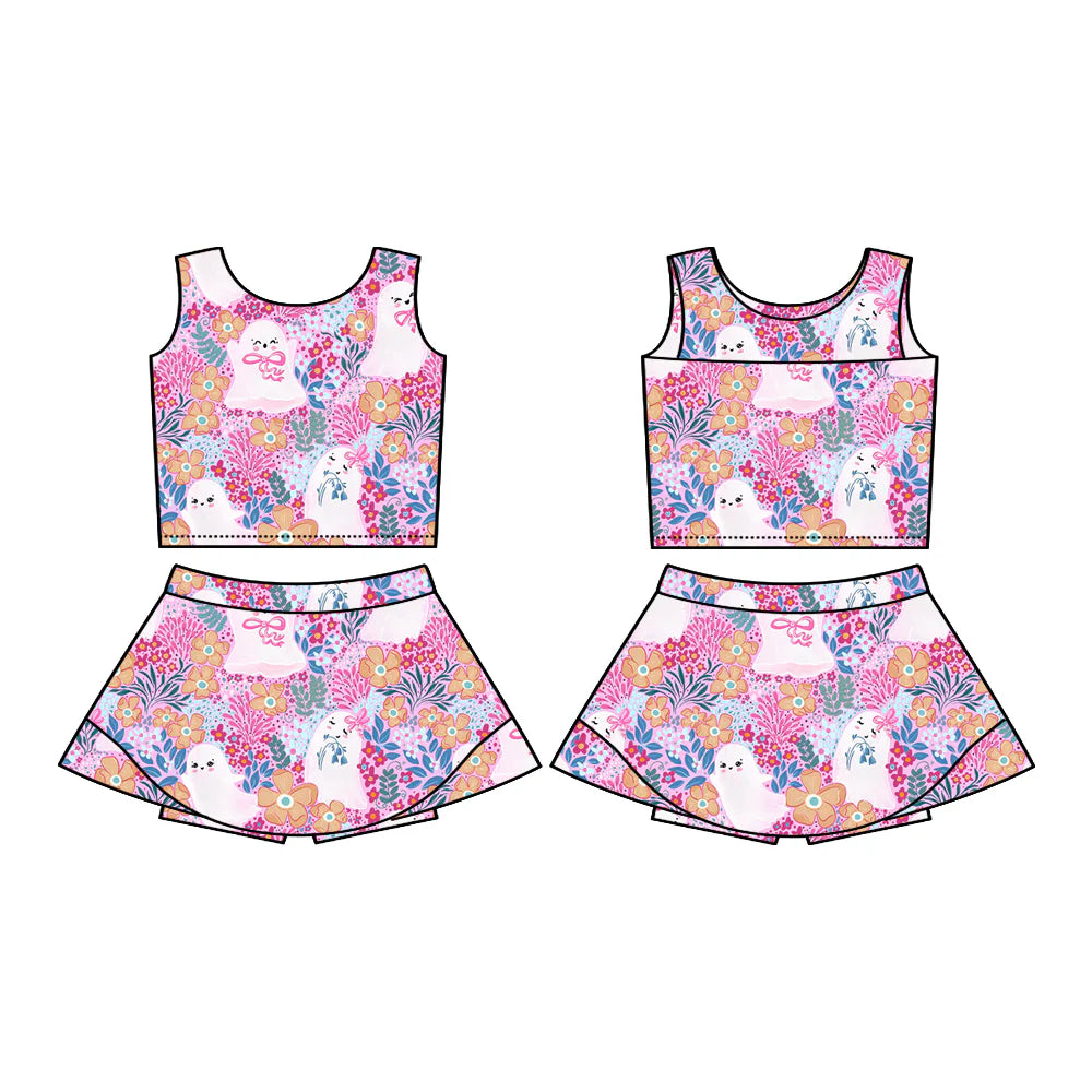 7.22Preorder (moq 5)Baby Girls Sleeveless Pink Floral Ghosts Vest Top Skorts Set