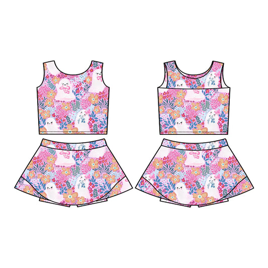 7.22Preorder (moq 5)Baby Girls Sleeveless Pink Floral Ghosts Vest Top Skorts Set