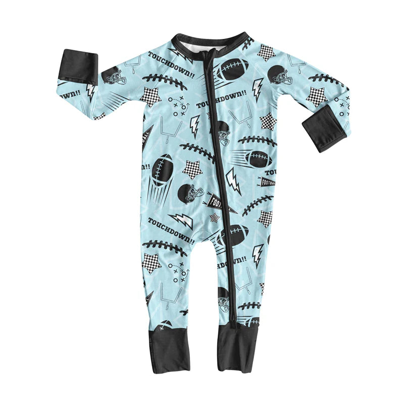 X909Preorder (moq 5)Baby Boys Blue Footballs Stars Team Zipper Footie Rompers