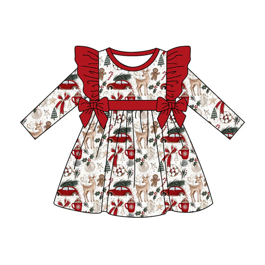 7.21Preorder (moq 5)Baby Girls Long Ruffle Sleeves Red Bows Deer Gingerbread Knee Length Dress