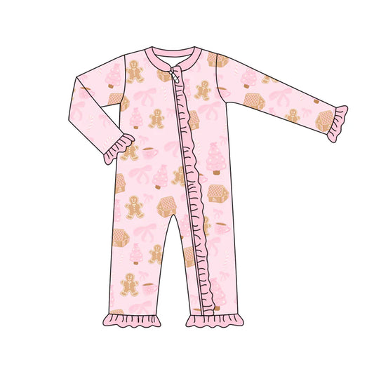 7.16Preorder (moq 5)Baby Girls Long Sleeves Pink Bows Gingerbread Trees Ruffle Zipper Romper