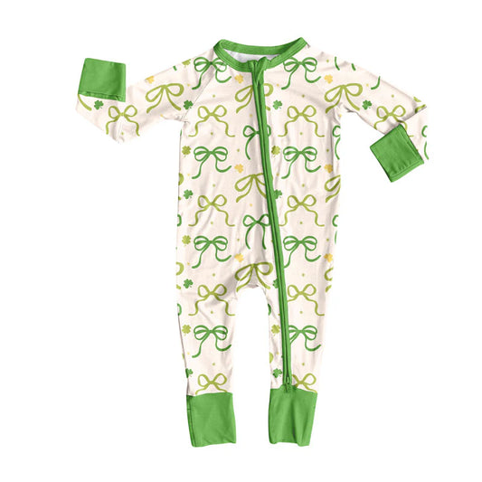 X919Preorder (moq 5)Baby Girls Green Bows Clovers St Patrick Zipper Footie Rompers