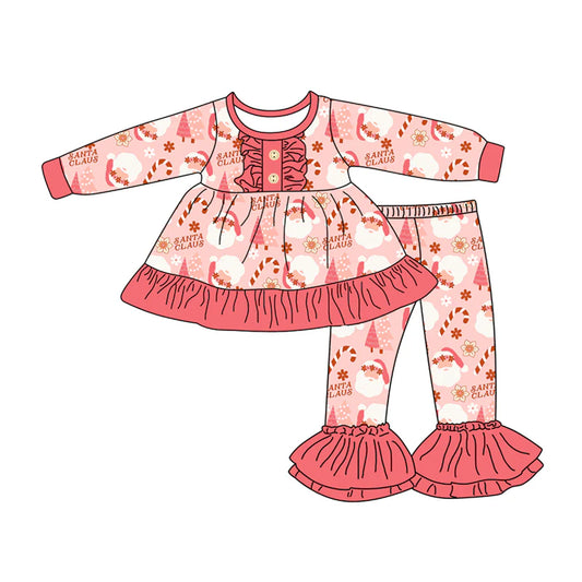 X917Preorder (moq 5)Baby Girls Long Sleeves Peach Santa Christmas Trees Button Tunic Bell Bottom Pants Set