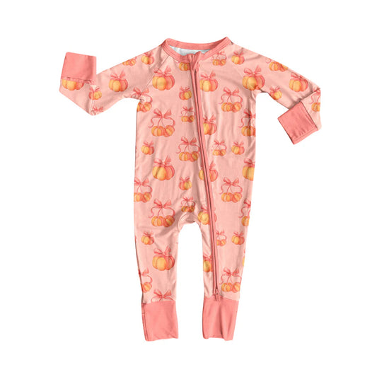 7.16Preorder (moq 5)Baby Girls Long Sleeves Peach Bows Pumpkins Plaid Zipper Romper