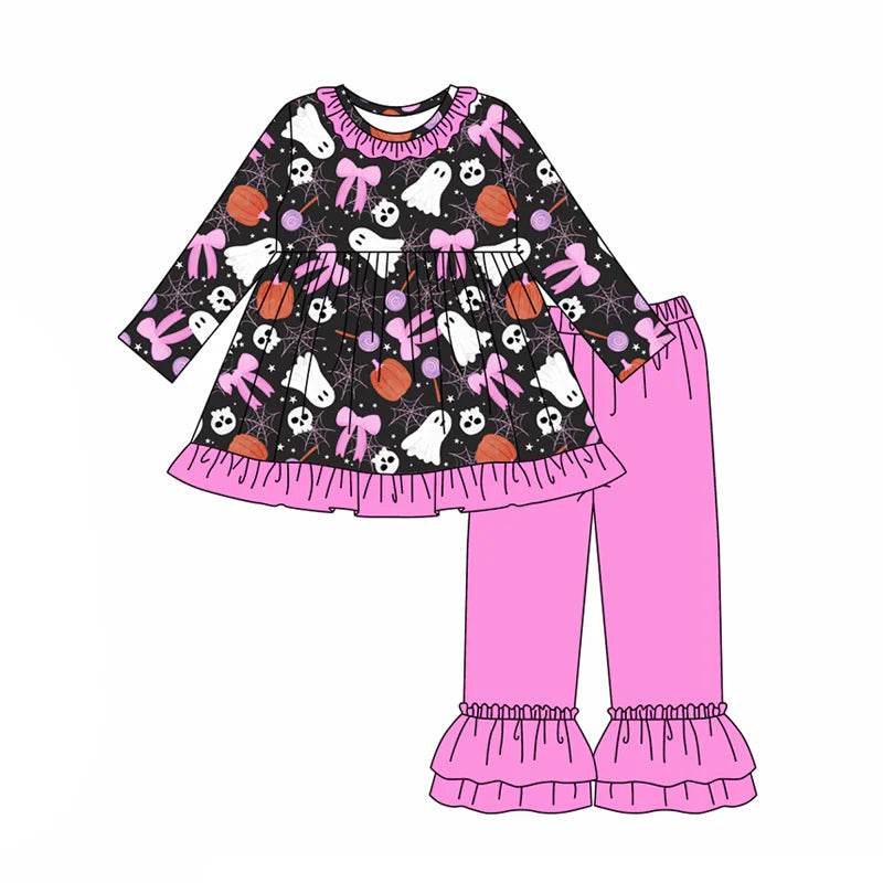 7.31preorder(moq 5) Baby Girls Long Sleeves Bows Ghost Pumpkins Tunic Ruffle Pants Set