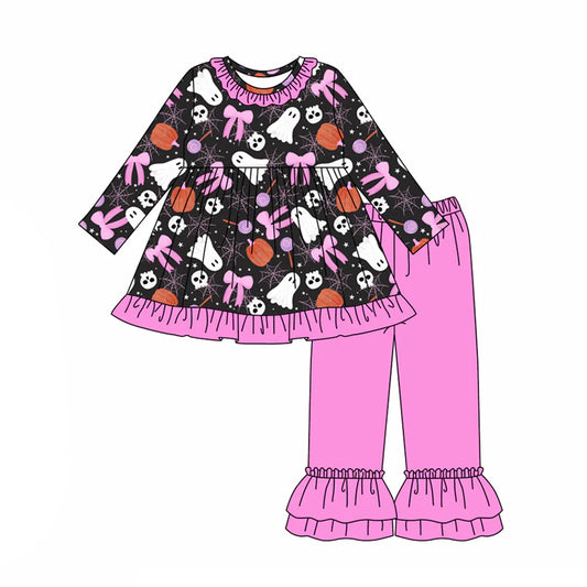 7.31preorder(moq 5) Baby Girls Long Sleeves Bows Ghost Pumpkins Tunic Ruffle Pants Set
