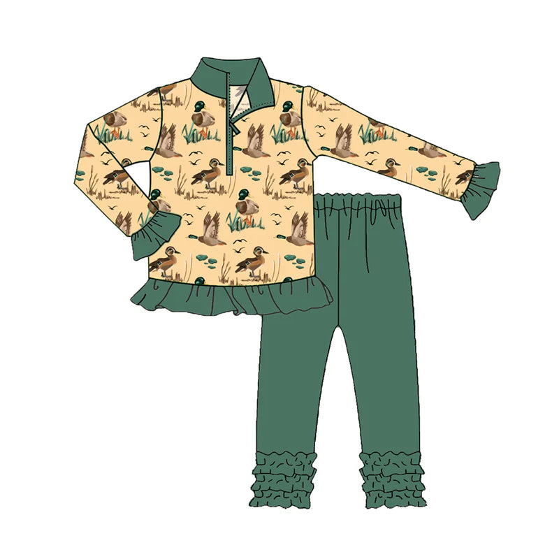8.8Preorder(moq 5) Baby Girls Ducks Zipper Pullovers Top Legging Pants Western Set