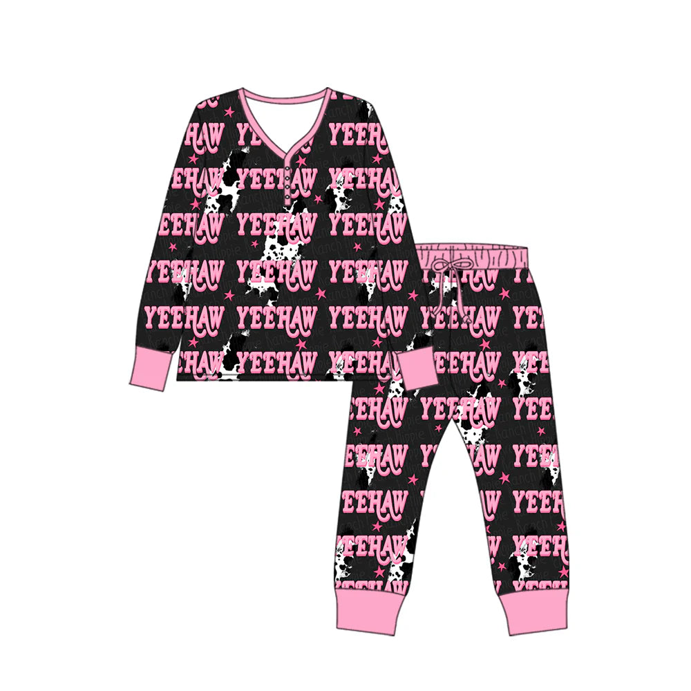X918 Preorder (moq 5)Baby Kids Long Sleeve Cow Print Lights Yeehaw Top Pants Western Pajamas Sets