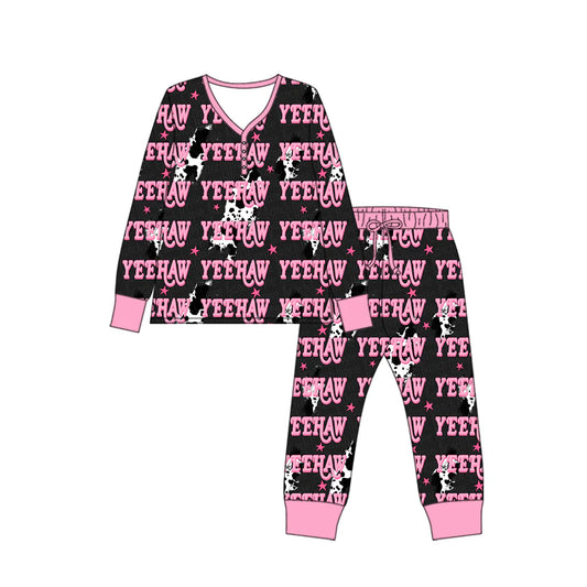 X918 Preorder (moq 5)Baby Kids Long Sleeve Cow Print Lights Yeehaw Top Pants Western Pajamas Sets