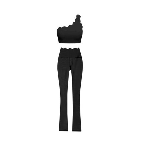 6.28Preorder (moq 5)Baby Girls Black One Shoulder Scallop Top Bell Bottom Pants Yoga Sets