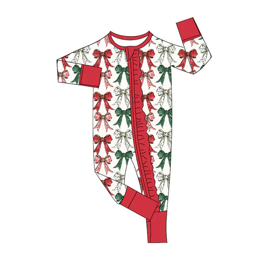 8.6Preorder(moq 5)Baby Infant Boys Long Sleeves Green Red Bows Christmas Zipper