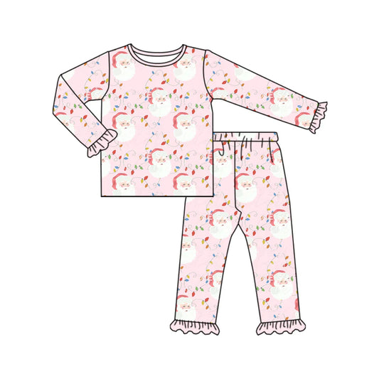 7.10Preorder (moq 5)Baby Girls Long Sleeves Light Santa Plaid Top Ruffle Pant Pajamas Clothes Set