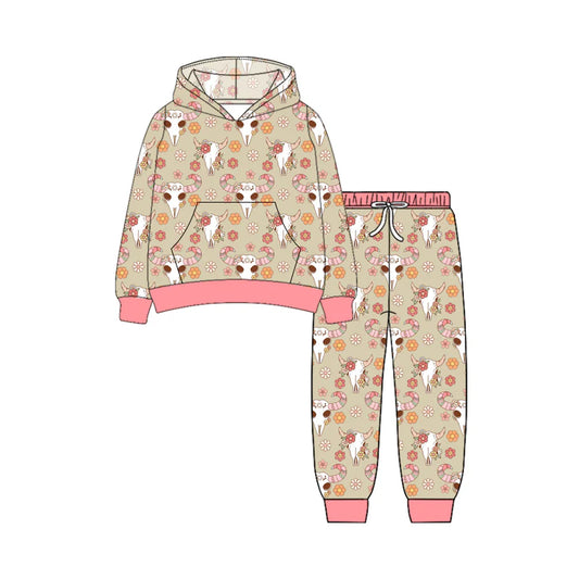 7.10Preorder (moq 5)Baby Girls Long Sleeves Flowers Bull Skull Pockets Hoodie Pant Clothes Set
