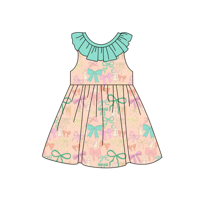 X920 Preorder (moq 5)Baby Girls Sleeveless Colorful Bows Rabbits Easter Knee Length Dresses