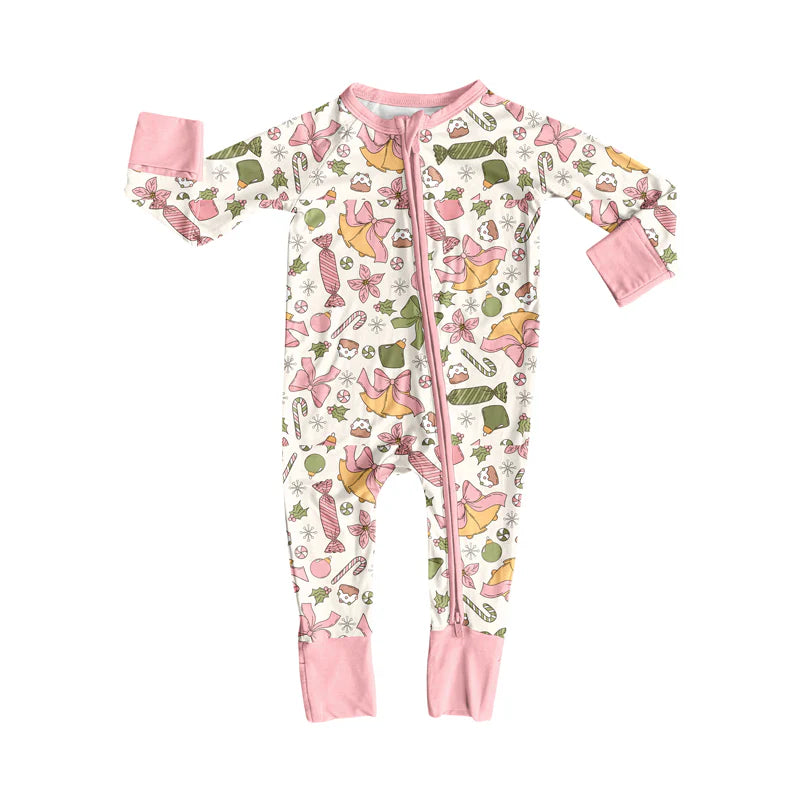 7.16Preorder (moq 5)Baby Girls Long Sleeves Pink Bows Holly Candy Zipper Romper