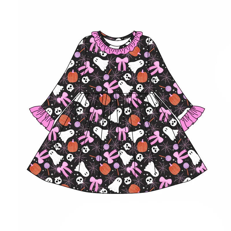7.31preorder(moq 5) Baby Girls Long Sleeves Bows Ghost Pumpkins Plaid Knee Length Dresses