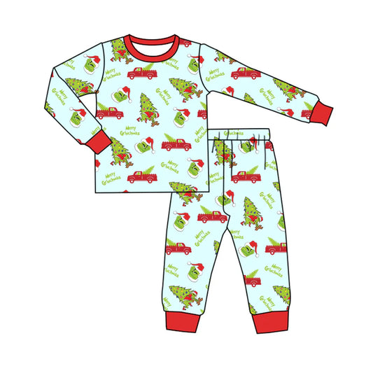 7.31Preorder(moq 5) Baby Boys Long Sleeves Trucks Trees Green Face Top Pants Pajamas Set