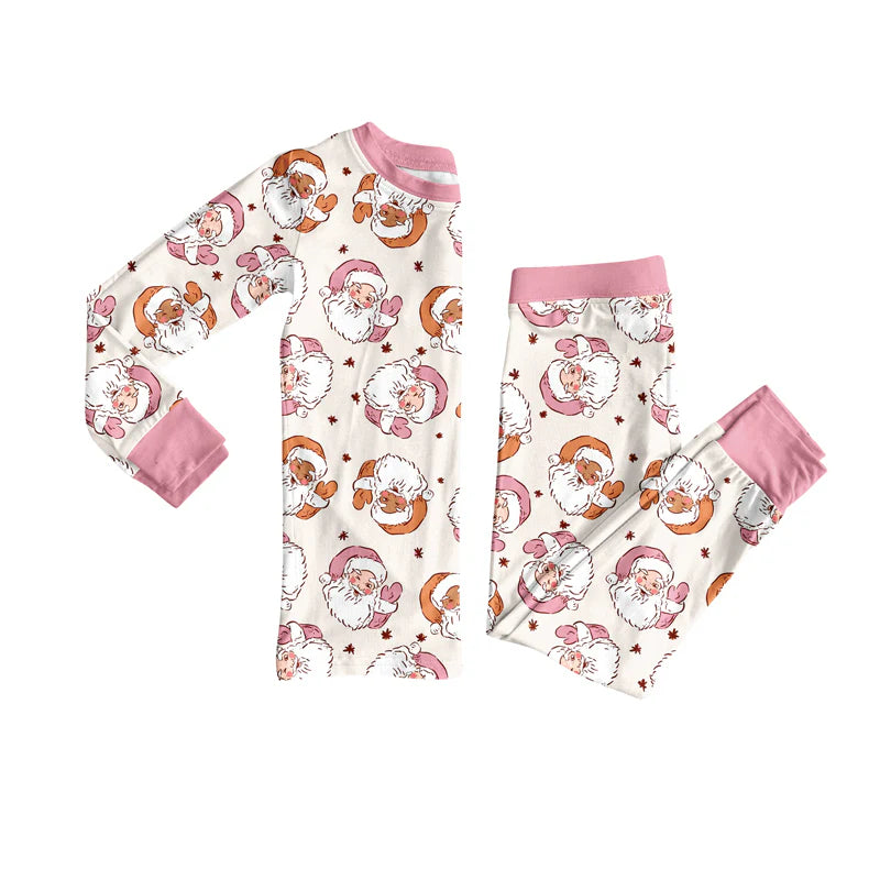 7.12Preorder (moq 5)Baby Girls Long Sleeves Pink Santa Holly Plaid Top Pants Pajamas Set