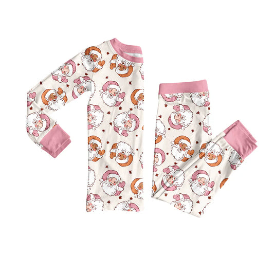 7.12Preorder (moq 5)Baby Girls Long Sleeves Pink Santa Holly Plaid Top Pants Pajamas Set