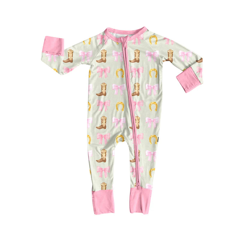 7.16Preorder (moq 5)Baby Girls Long Sleeves Pink Bows Boots Horse Shoes Zipper Romper