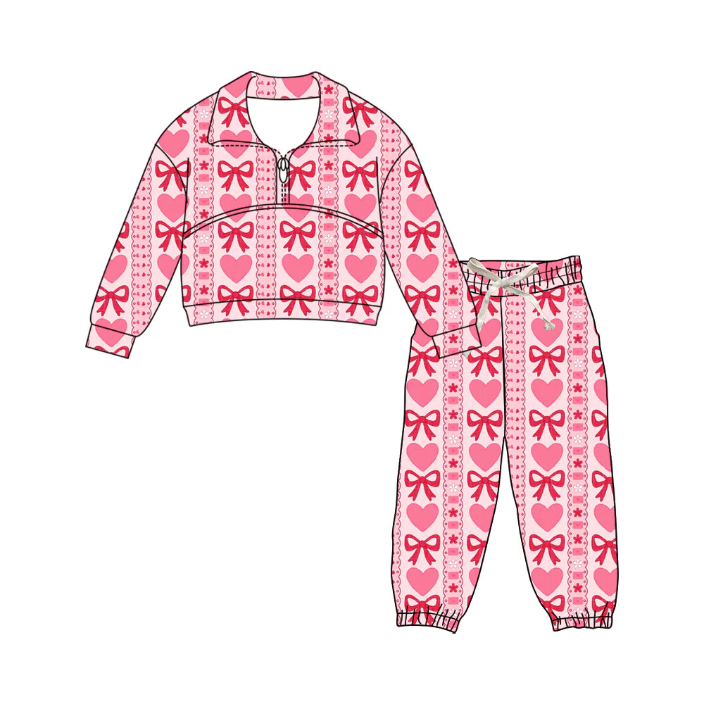 X1.16Preorder (moq 5)Baby Girls Pink Hearts Bows Stripe Zipper Pullover Pants Valentines Clothes Sets