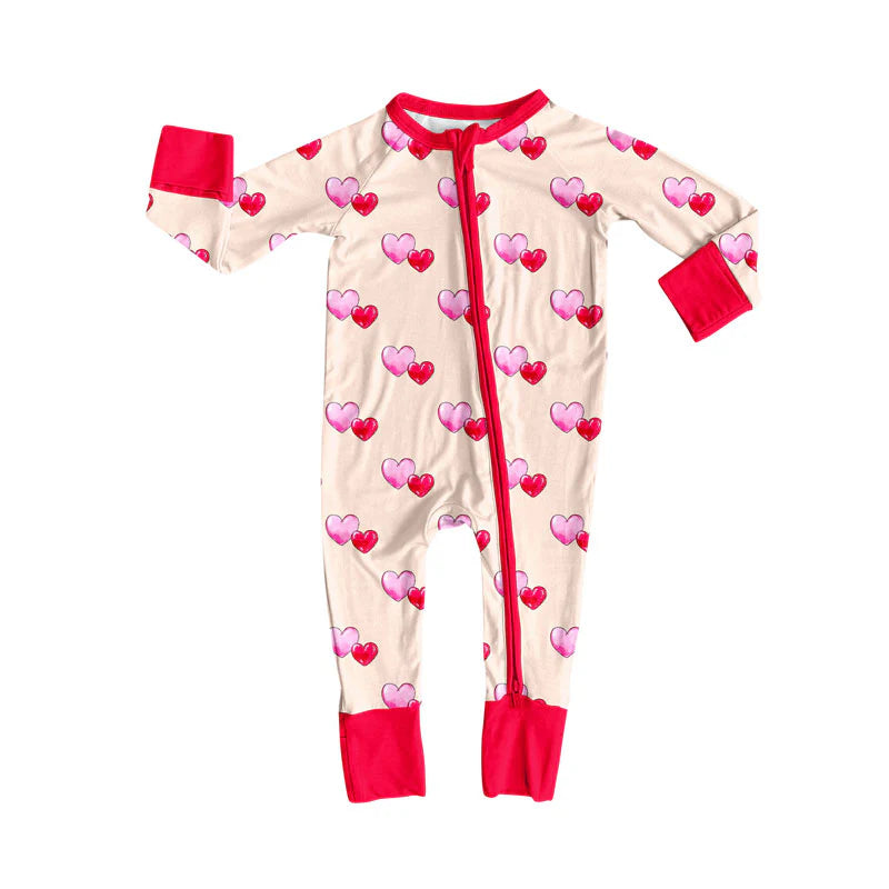 X920Preorder (moq 5)Baby Girls Hearts Checked Valentine Zipper Footie Rompers
