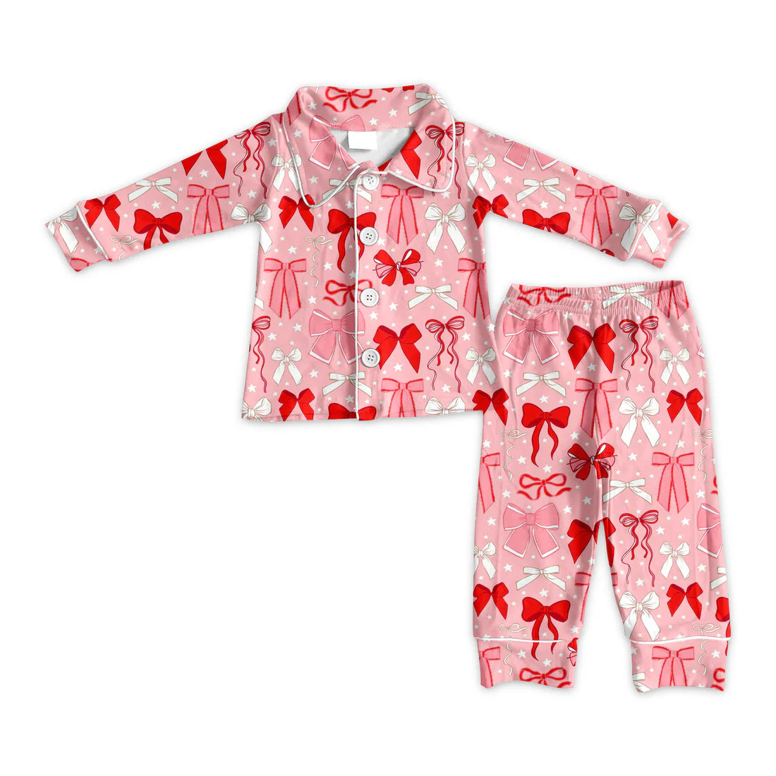 X908Preorder (moq 5)Baby Girls Pink Bows Stars Button Top Pants Valentine Pajamas Sets