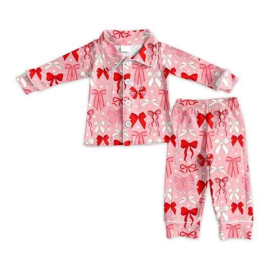 X908Preorder (moq 5)Baby Girls Pink Bows Stars Button Top Pants Valentine Pajamas Sets
