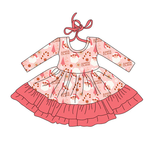 X917Preorder (moq 5)Baby Girls Long Sleeves Peach Santa Candy Cane Ruffle Knee Length Dress
