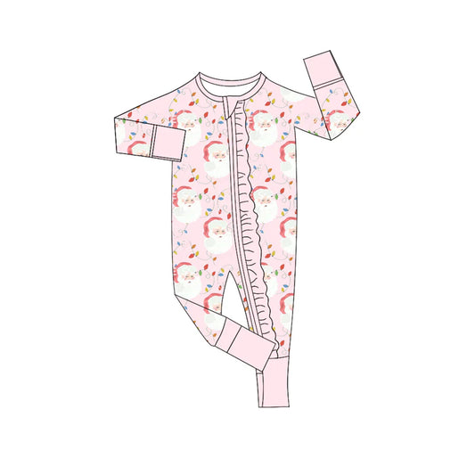7.16Preorder (moq 5)Baby Girls Long Sleeves Pink Santa Lights Plaid Ruffle Zipper Romper