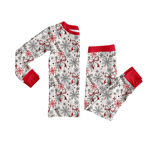 7.10Preorder (moq 5)Baby Girls Long Sleeves Red Bows Snowflake Top Pant Pajamas Clothes Set