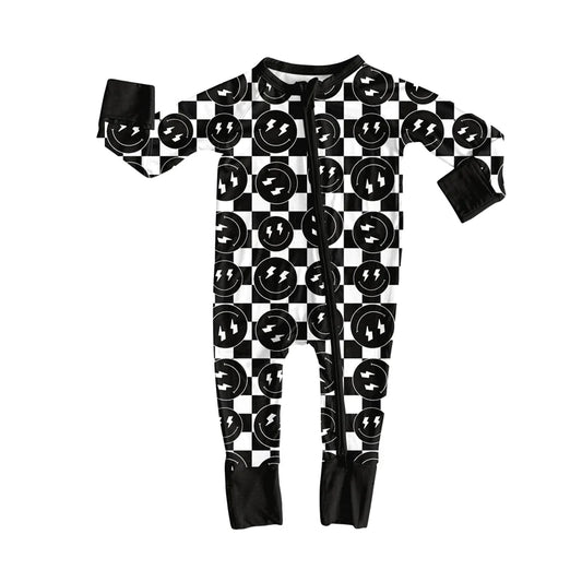 X8.15Baby Infant Boys Western Black Checkered Smiles Zipper Footie Rompers