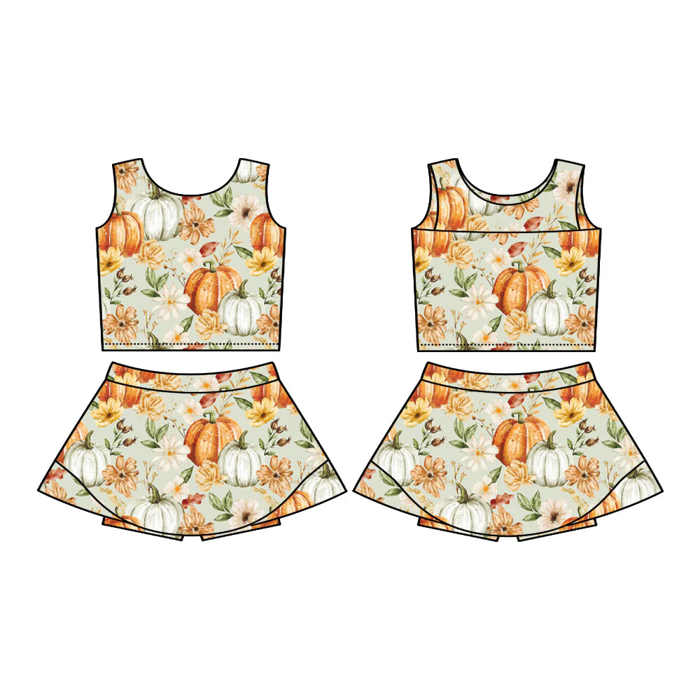 7.18Preorder (moq 5)Baby Girls Sleeveless Flowers Pumpkins Vest Top Skorts Set