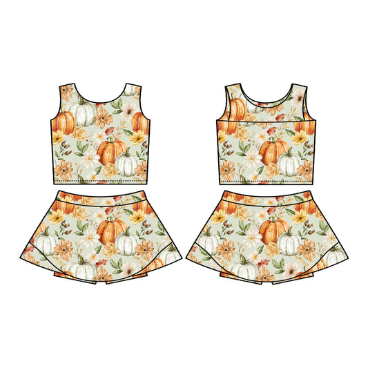 7.18Preorder (moq 5)Baby Girls Sleeveless Flowers Pumpkins Vest Top Skorts Set