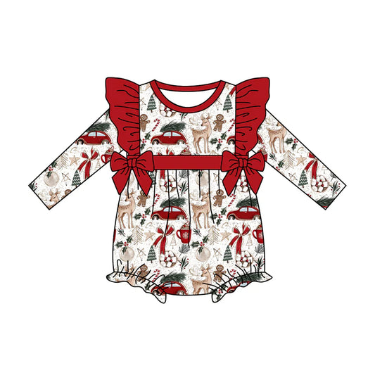 7.19Preorder(moq 5)Baby Girls Deer Gingerbread Trees Bows Ruffle Rompers