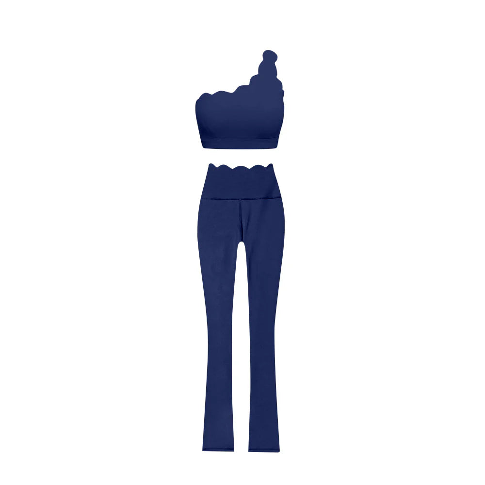 6.28Preorder (moq 5)Baby Girls Navy One Shoulder Scallop Top Bell Bottom Pants Yoga Sets