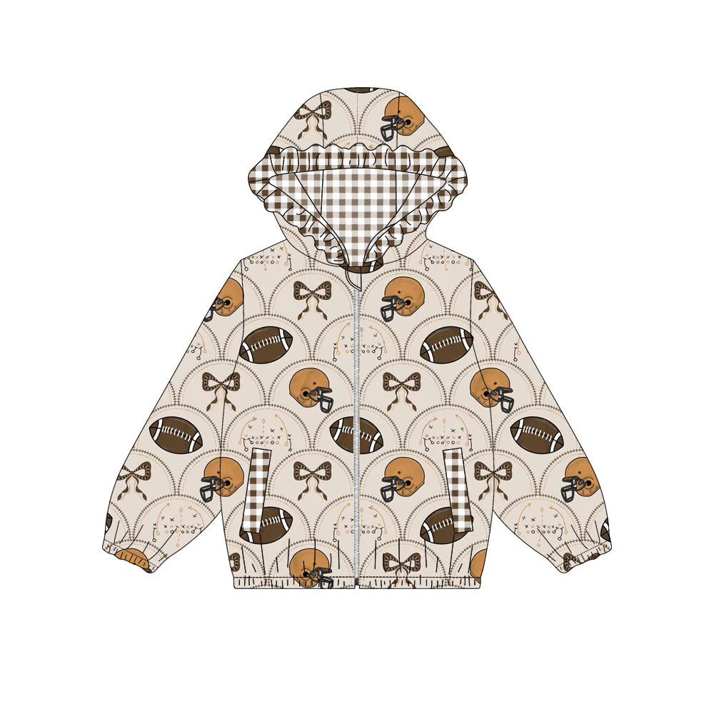 X909Preorder (moq 5)Baby Girls Footballs Bows Pockets Zipper Team Ruffle Hoodies Top