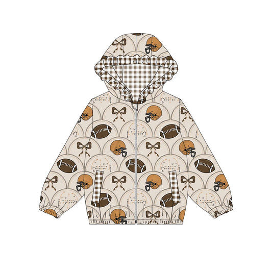 X909Preorder (moq 5)Baby Girls Footballs Bows Pockets Zipper Team Ruffle Hoodies Top