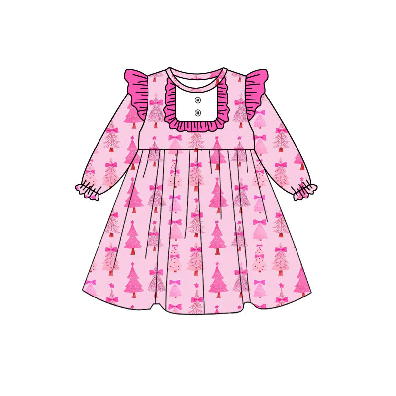 X8.14Baby Girls Christmas Pink Trees Knee Length Dresses