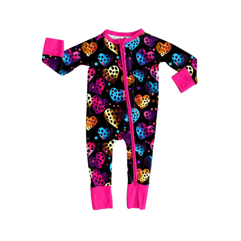 X101Preorder (moq 5)Baby Girls Polka Dots Hearts Valentine Zipper Footie Rompers