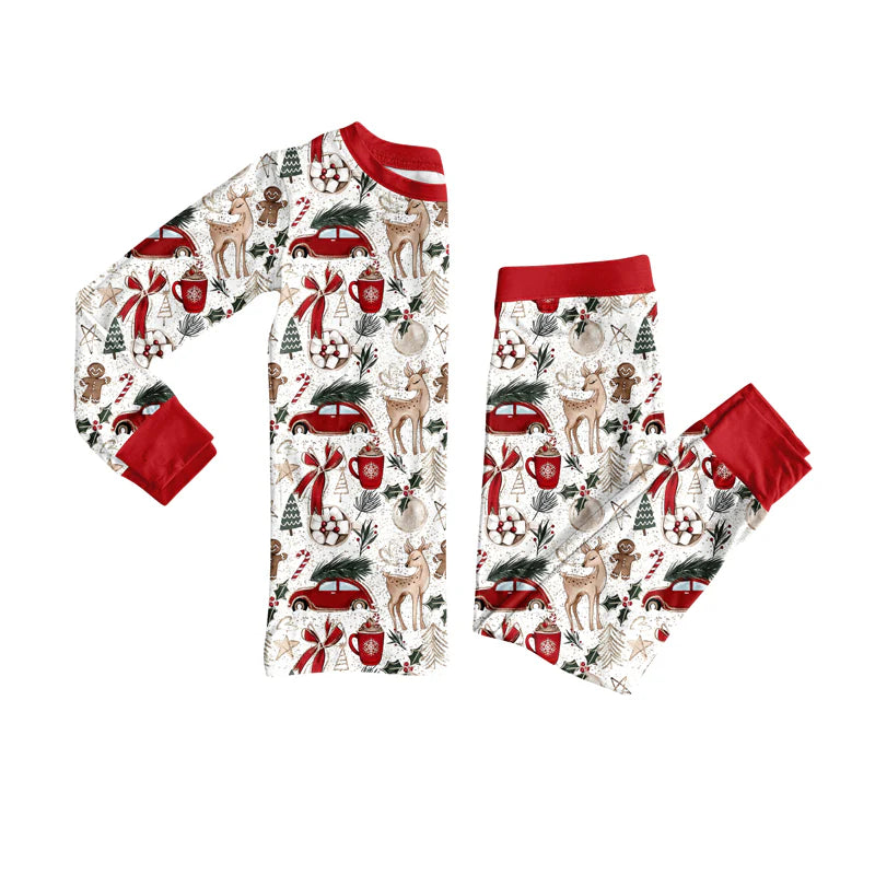 7.21Preorder (moq 5)Baby Girls Long Sleeves Deer Gingerbread Bows Top Pants Pajamas Set