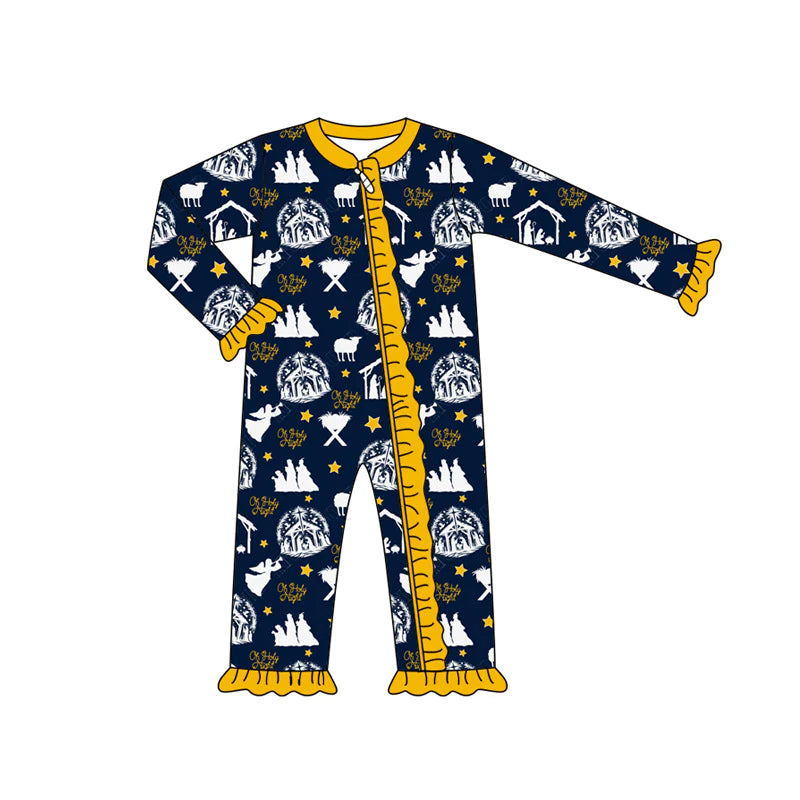 7.16Preorder (moq 5)Baby Girls Long Sleeves Stars Nativity Plaid Ruffle Zipper Romper
