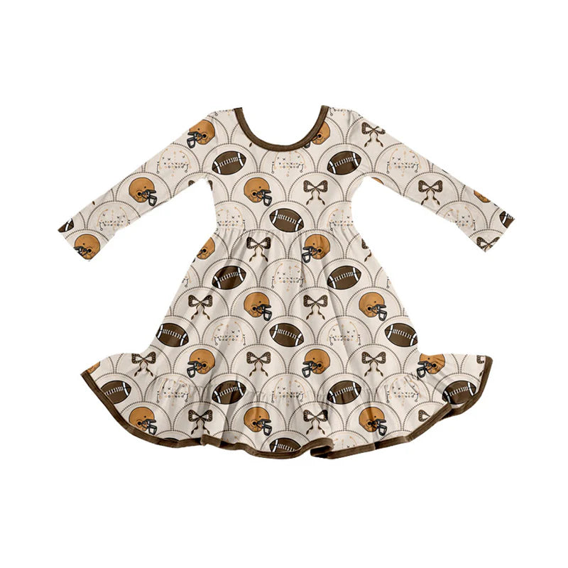 X909Preorder (moq 5)Baby Girls Footballs Bows Checked Team Ruffle Knee Length Dresses